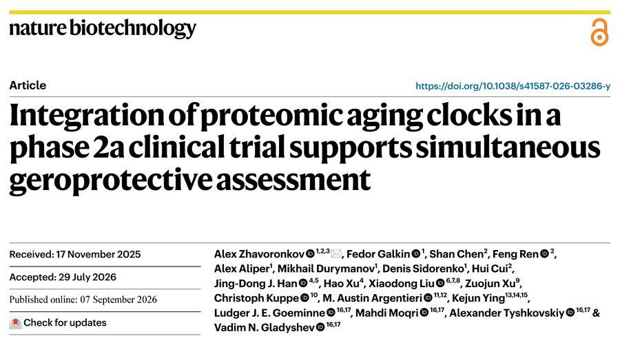 The Nature Biotechnology article header: Integration of proteomic aging clocks in a phase 2a clinical trial supports simultaneous geroprotective assessment